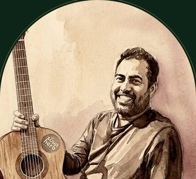 Watercolour portrait of Goan guitarist Elvis Lobo with his acoustic guitar