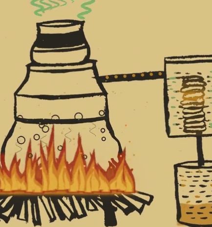 Illustration of the wood-fired copper still where Ouro feni is distilled